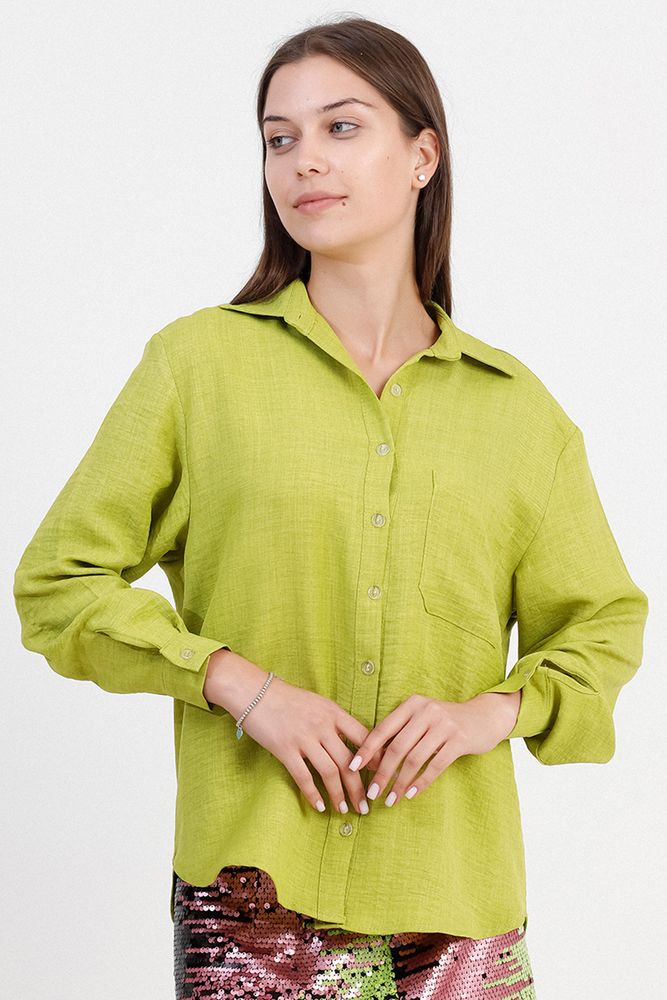 Topshow Pistachio Green Pocket Detailed Linen Wholesale Shirt