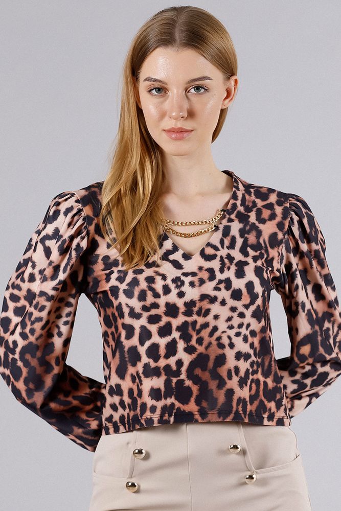 Topshow Big Leopard Shoulder Pleated Chain V Neck Wholesale Blouse