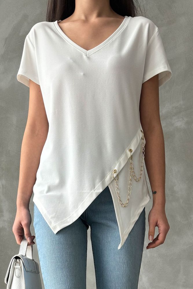 Topshow Cream V-Neck Chain Wholesale Blouse