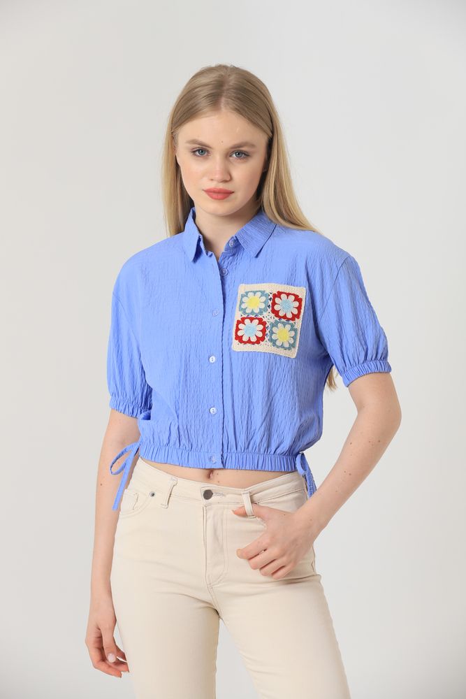 Topshow Blue Wholesale Shirt with Elastic Waist Sleeves and Embroidered Pockets