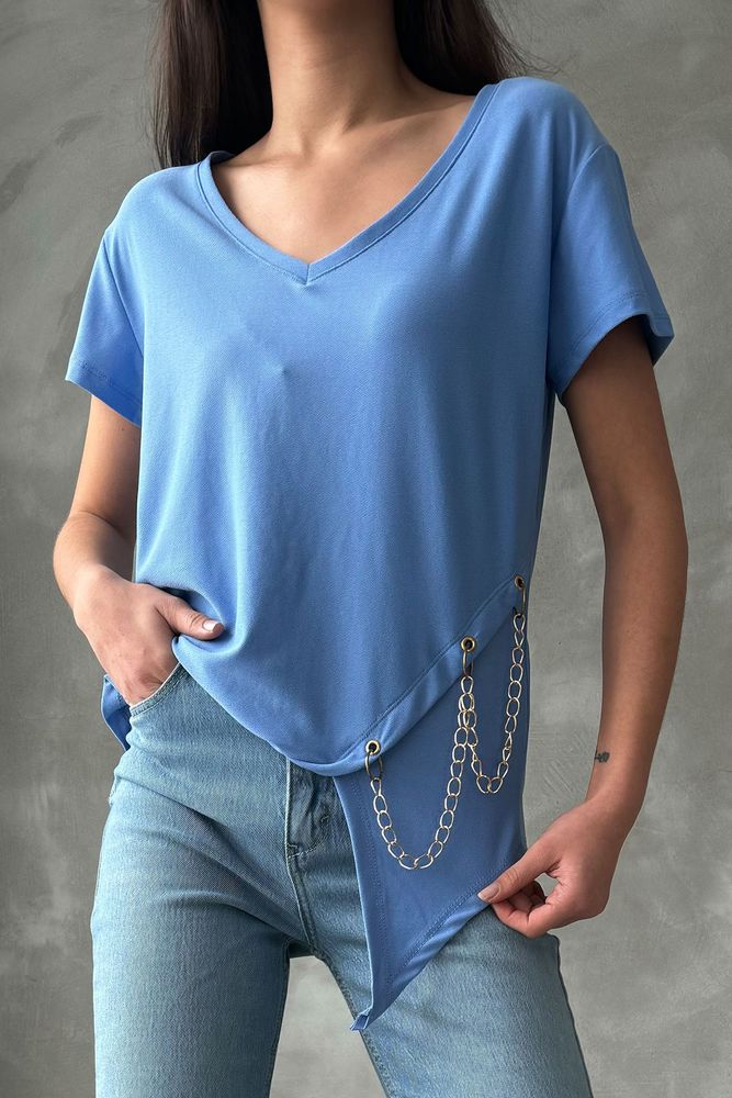 Topshow Blue V-Neck Chain Wholesale Blouse