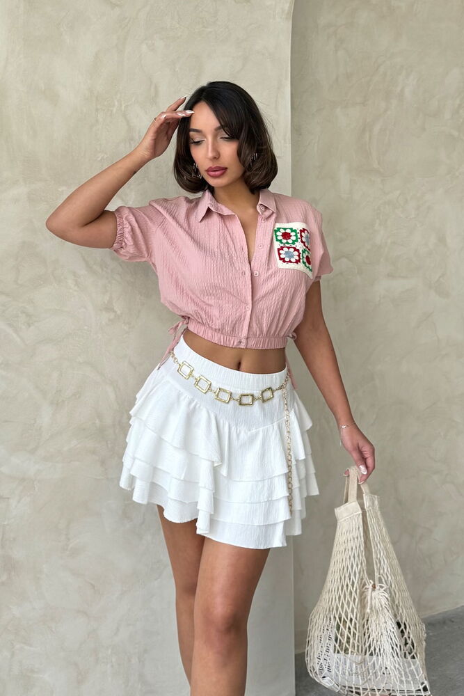 Topshow Powder Waist Elastic Sleeve End Embroidered Pocket Shirt