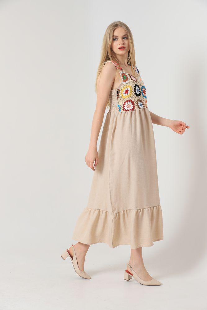 Topshow Beige Linen Strap Linen Wholesale Dress