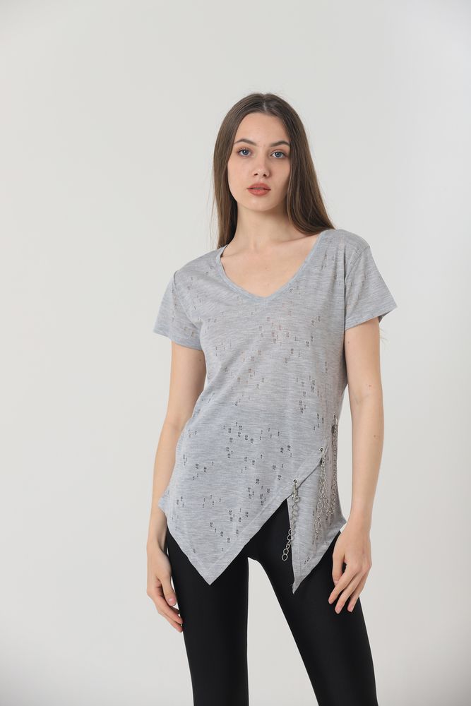 Topshow Gray Wholesale Hemline V-Cut Wholesale Blouse with Chain