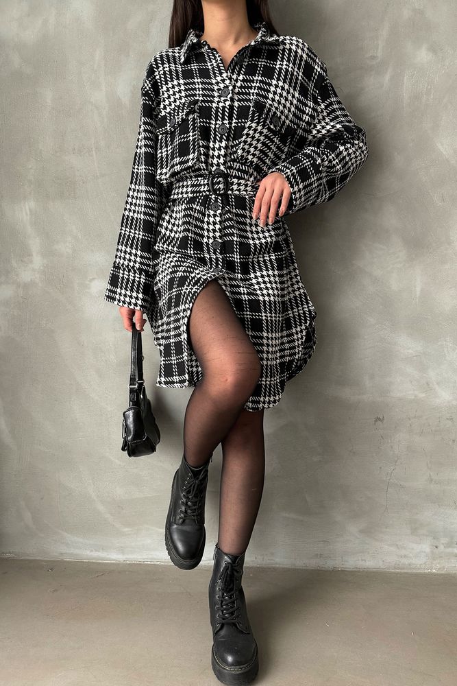 Topshow Black Plaid Houndstooth Plaid Wholesale Dress