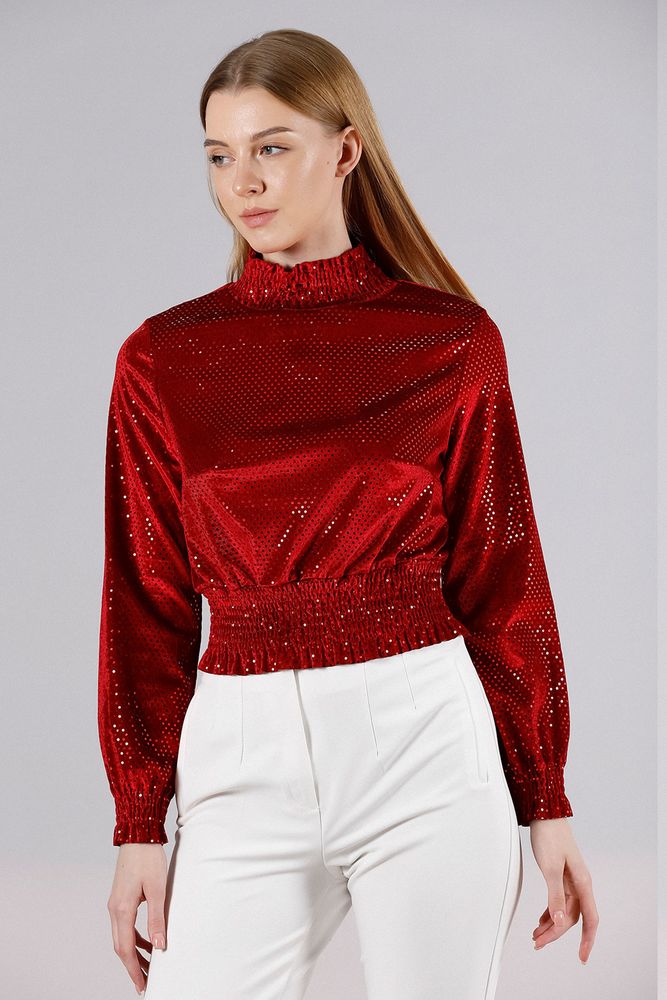 Topshow Red Collar Sequined Wholesale Blouse