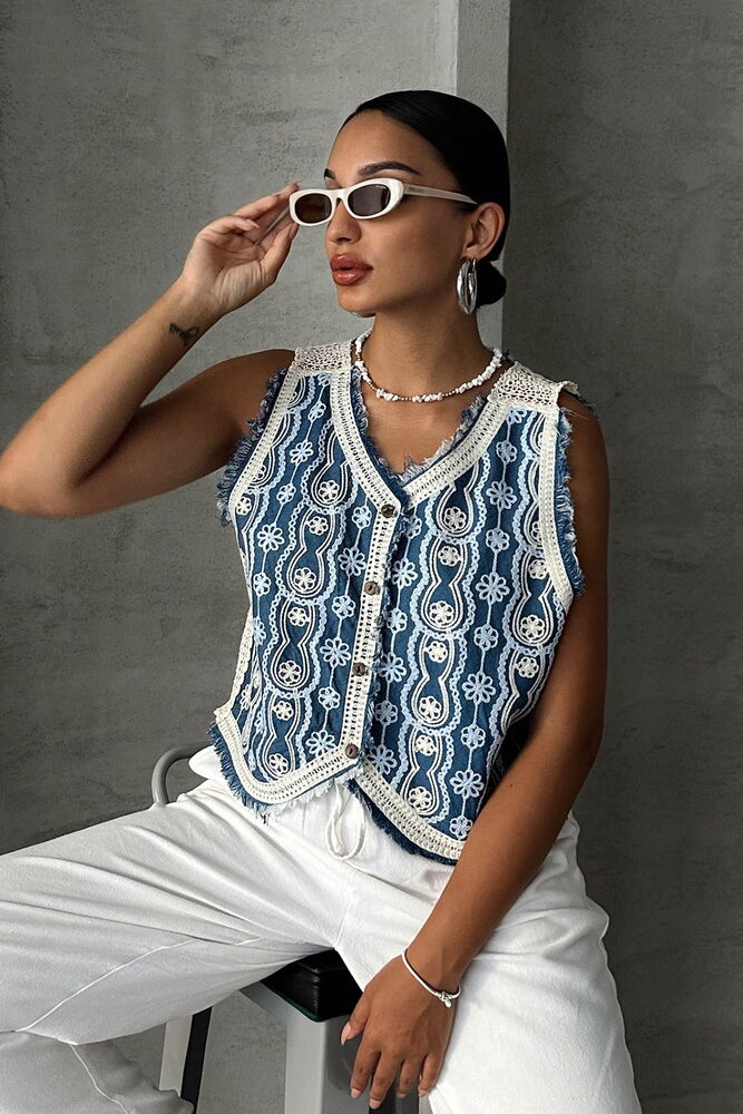 Topshow Cream Blue Embroidered Denim Wholesale Vest