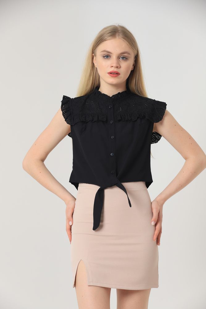 Topshow Black Chest Guipure Judge Collar Zero Sleeve Wholesale Shirt