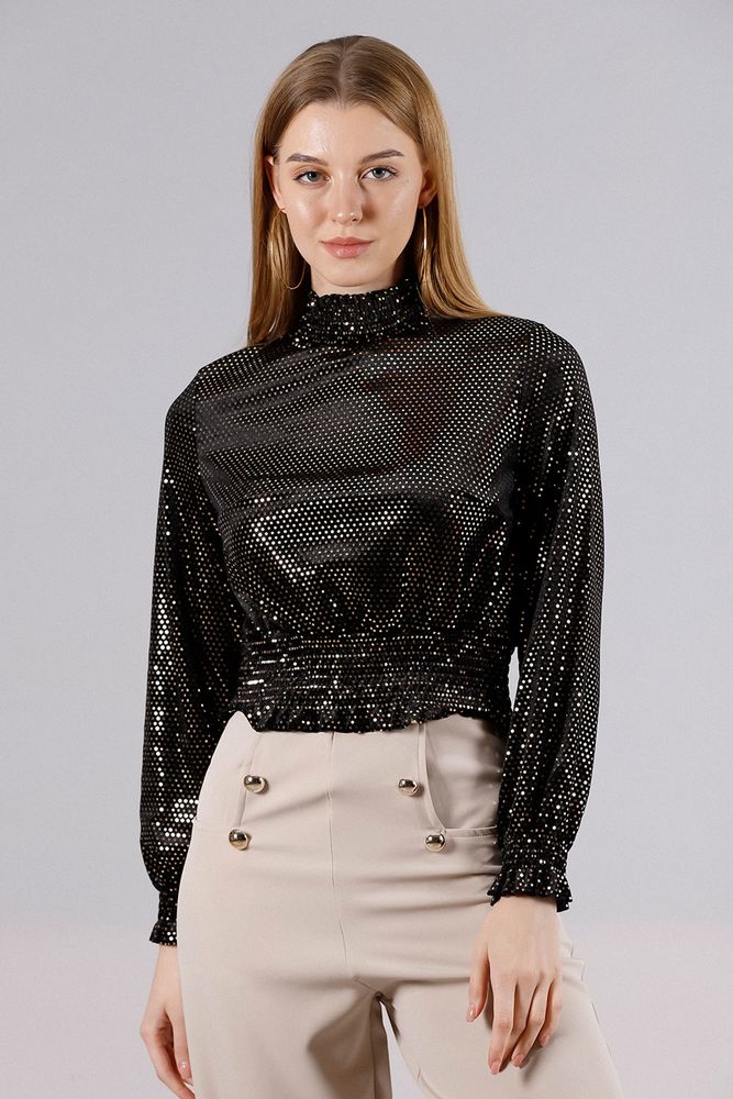 Topshow Black Gold Collar Sequined Wholesale Blouse