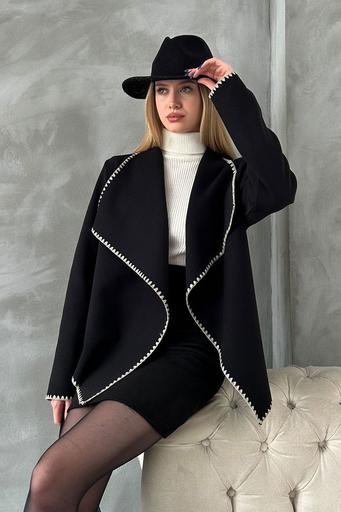 Topshow Stone Black Wide Collared Edge Stitched Wholesale Cardigan