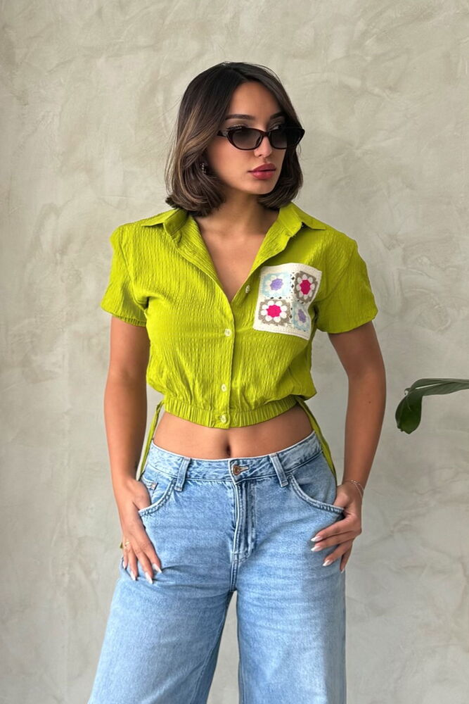 Topshow Pistachio Green Shirt with Elastic Waist Sleeves and Embroidery Pockets