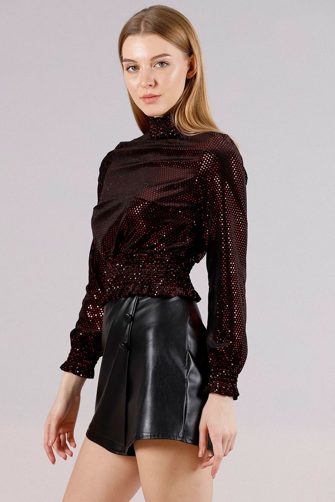 Topshow Black Red Sequin Collared Wholesale Blouse