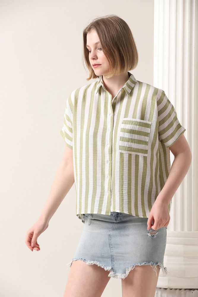 Topshow Peanut Thick Line Striped Wholesale Shirt with Pockets