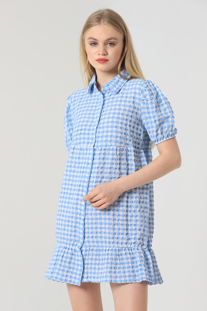 Topshow Blue Wholesale Shirt Collar Buttoned Wholesale Dress