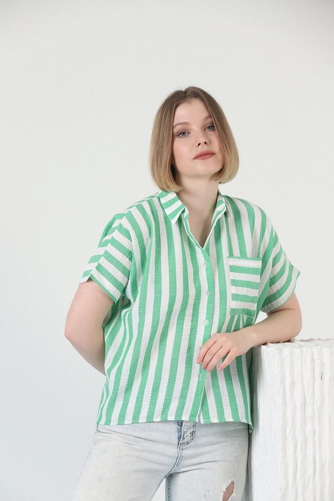 Topshow Emerald Thick Line Striped Wholesale Shirt with Pockets