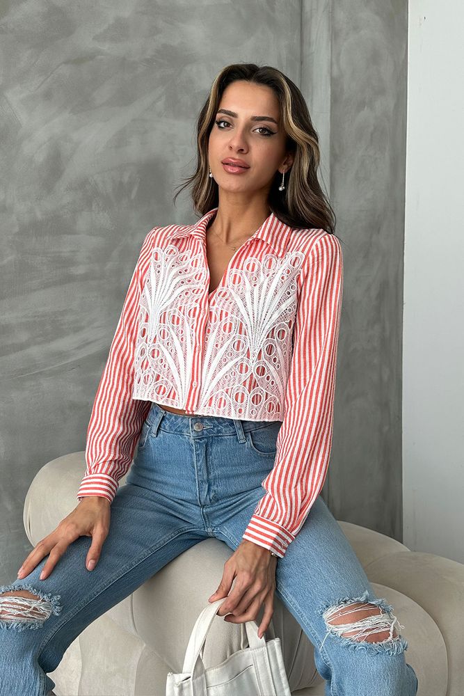 Topshow Orange Laced Front Striped Linen Wholesale Shirt