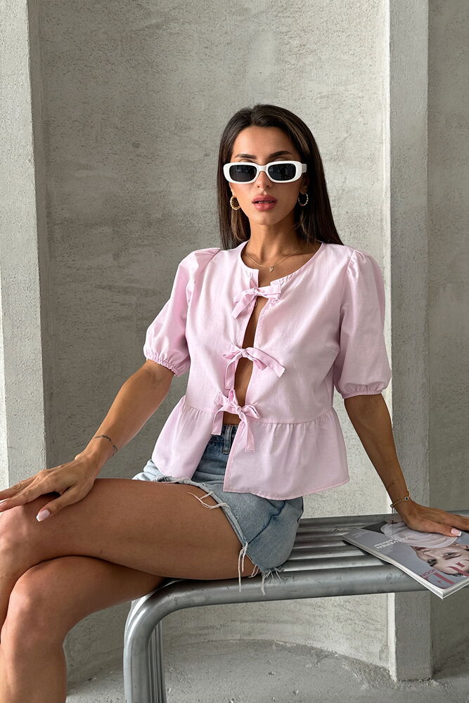 Topshow Pink Front Tie Poplin Wholesale Blouse