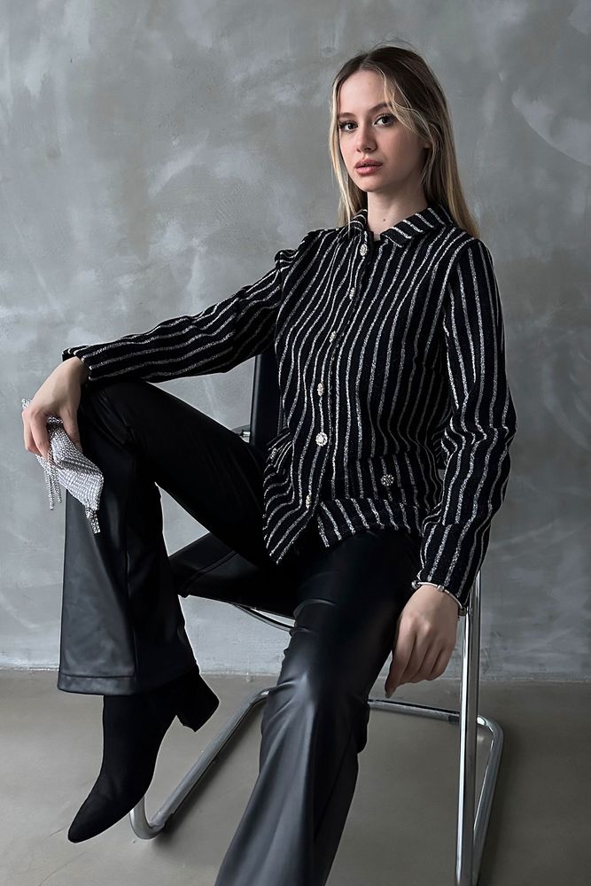 Topshow Black Lurex Glitter Striped Wholesale Shirt