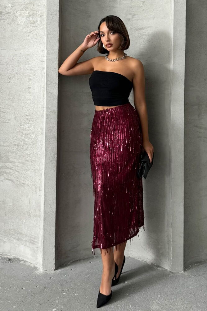 Topshow Burgundy Feather Sequin Wholesale Skirt