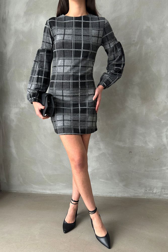 Topshow Anthracite Plaid Wholesale Dress