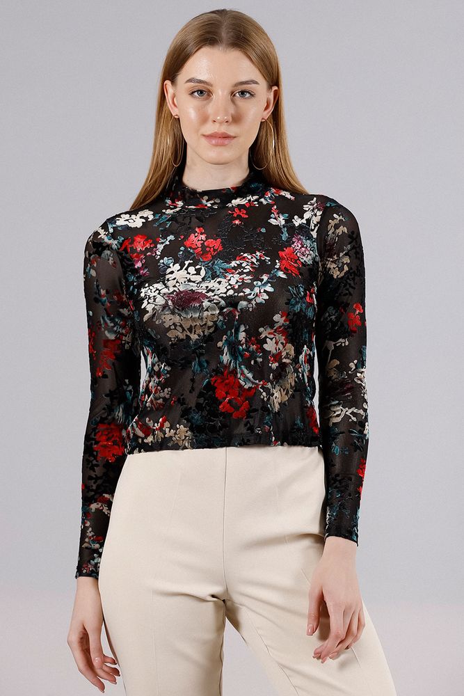 Topshow Red Floral Turtleneck Wholesale Blouse