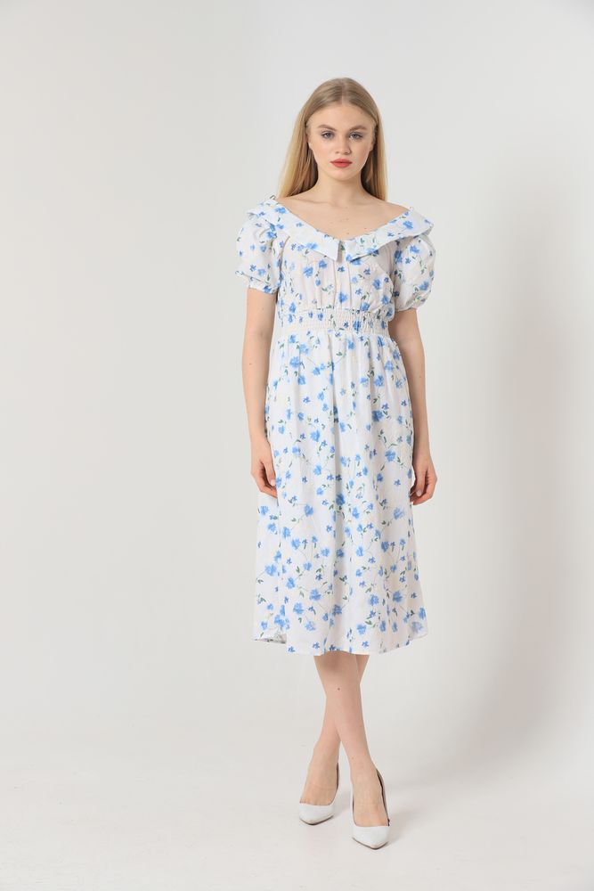 Topshow Blue Floral Wholesale Shirt Collar Floral Wholesale Dress