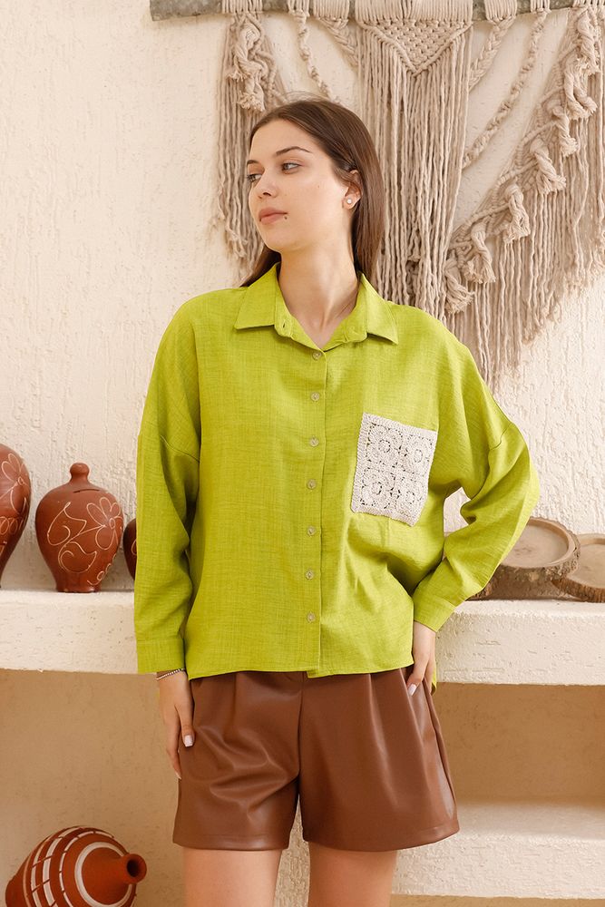 Topshow Pistachio Green Lace Garnished Shirt