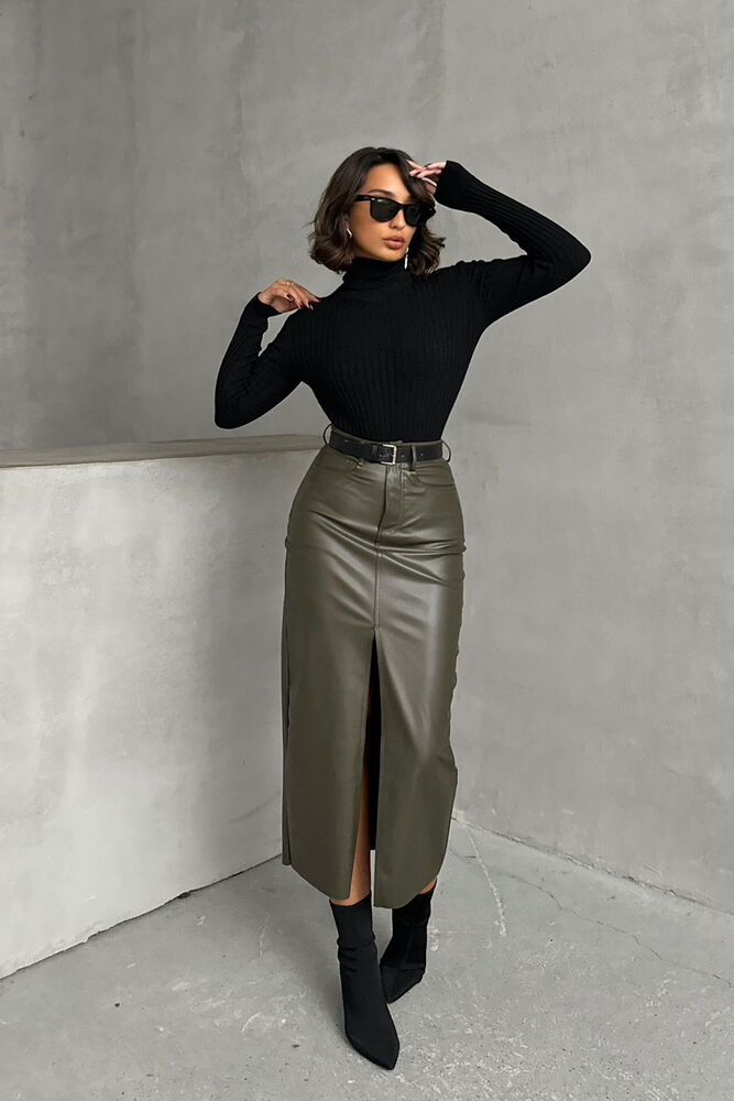 Topshow Khaki Leather Skirt