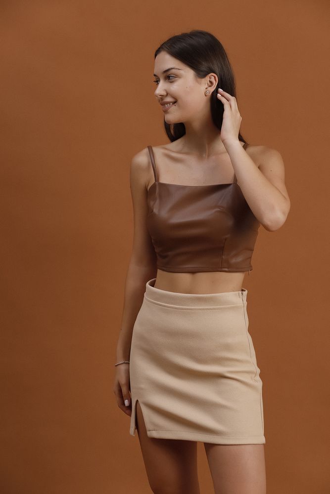 Topshow Beige Slit Detailed Mini Skirt