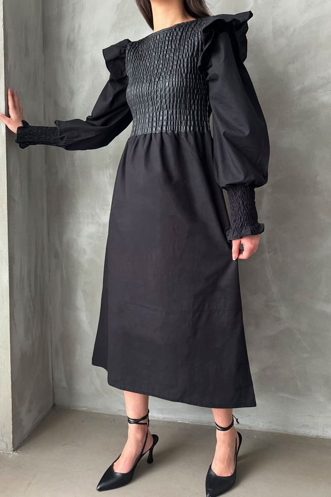 Topshow Black Size Leather Sleeve Wholesale Skirt Poplin Wholesale Dress