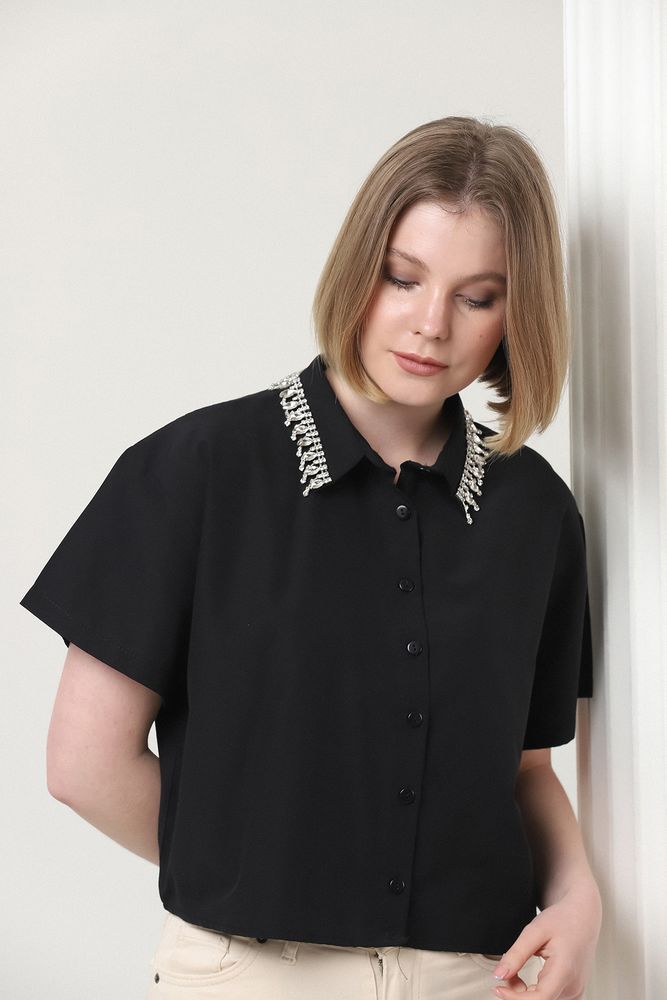 Topshow Black Wholesale Shirt with Stone Collar