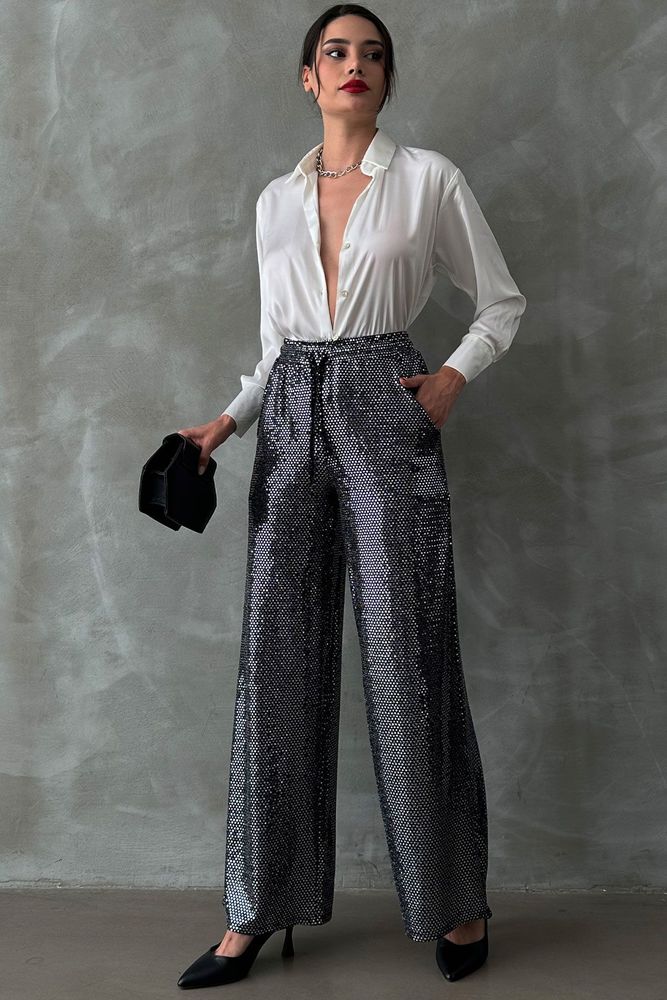 Topshow Black Silver Lurex Wholesale Trousers