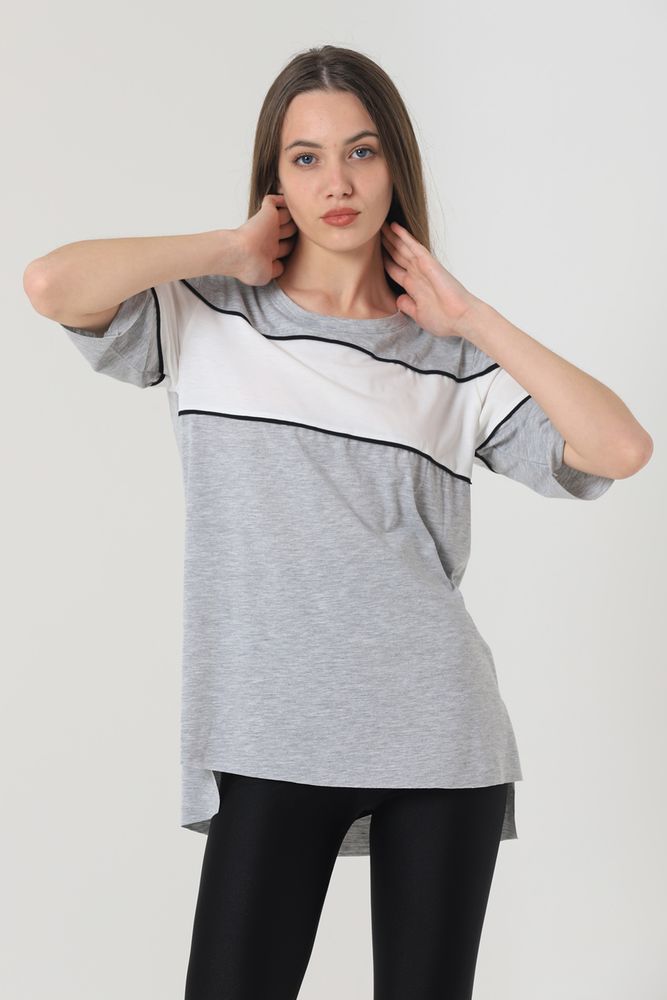 Topshow Gray Cream Black Crew Neck Wholesale Blouse