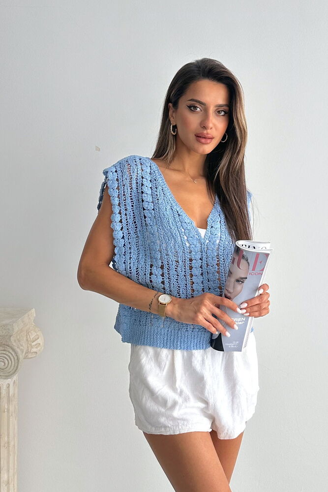 Topshow Blue Braided V-Neck Blouse