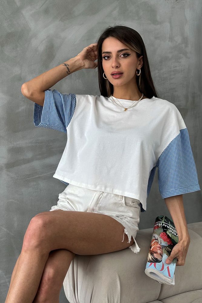 Topshow Blue Pitikare Sleeve Detailed Wholesale T-Shirt