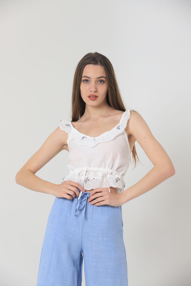 Topshow Powder Blue Shoulder to Shoulder Ruffle Wholesale Blouse