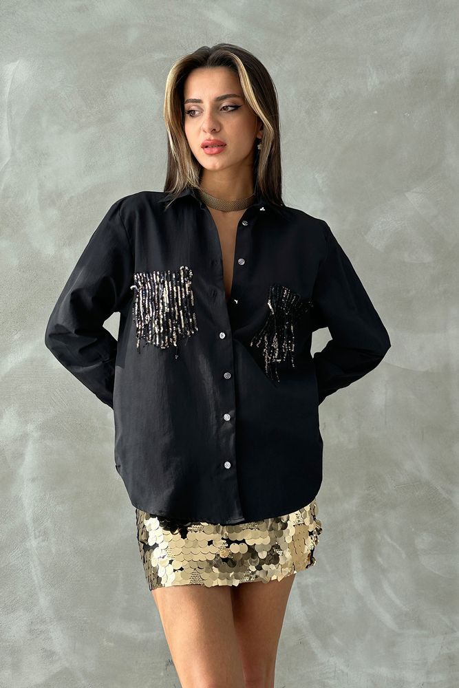 Topshow Black Gold Pocket Detail Long Sleeve Oversize Wholesale Shirt