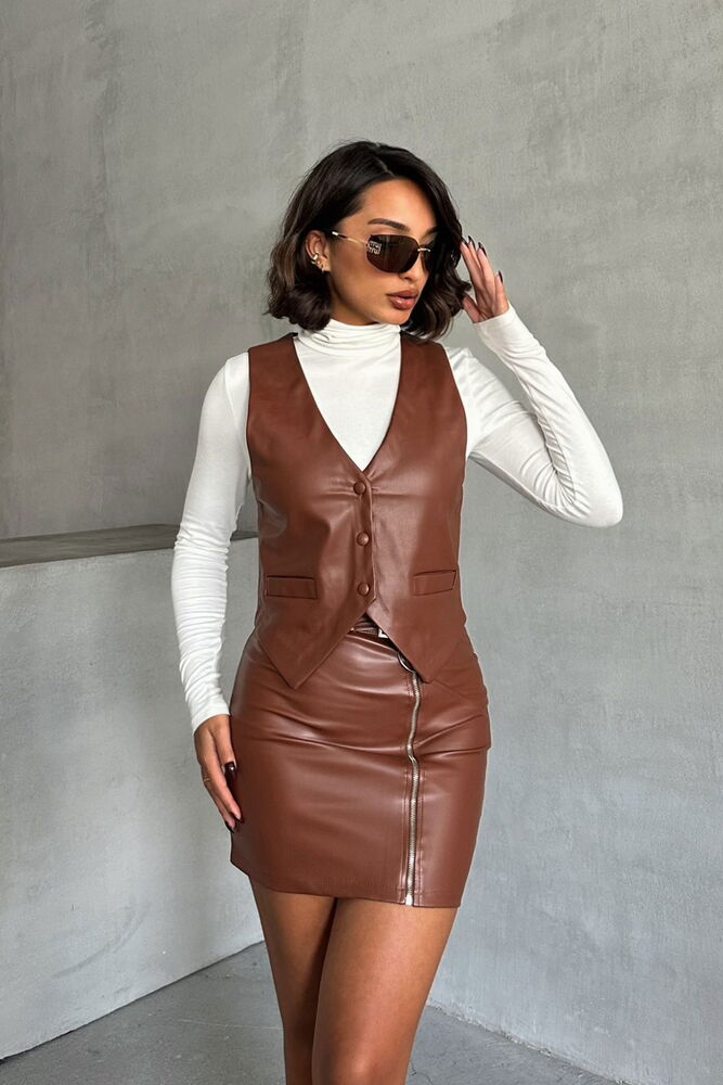 Topshow Tan Zippered Leather Skirt