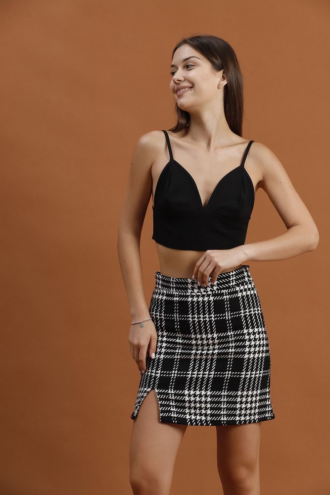 Topshow Black Checker Above Knee Plaid Wholesale Skirt