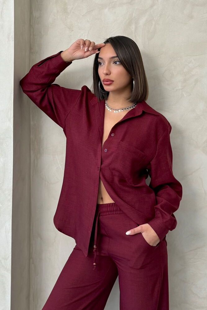 Linen Shirt with Pocket Detail - Burgundy | Topshow