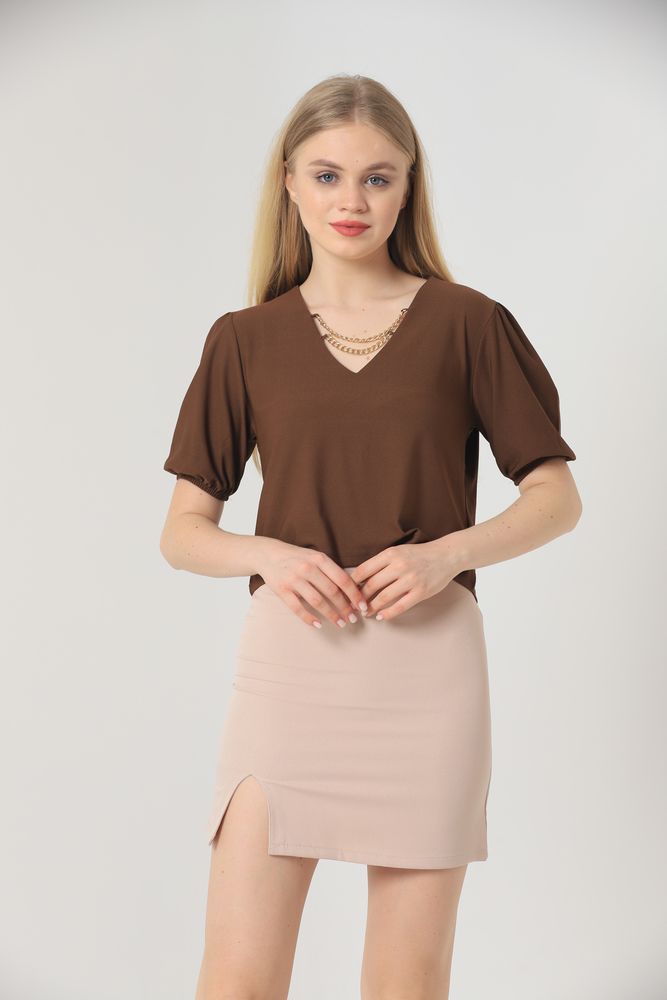 Topshow Brown V-Neck Wholesale Blouse with Two Chains on the Collar