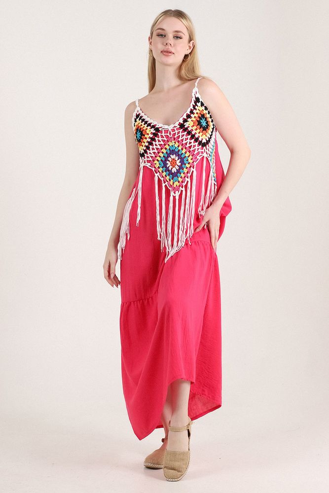 Topshow Fuchsia Cream Fringed Long Wholesale Dress