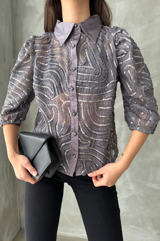 Topshow Gray Sequin Embroidered Tulle Wholesale Shirts