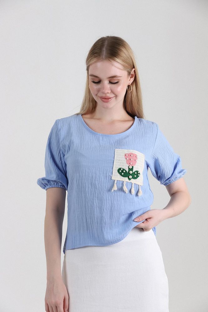 Topshow Blue Floral Pocket Wholesale Blouse