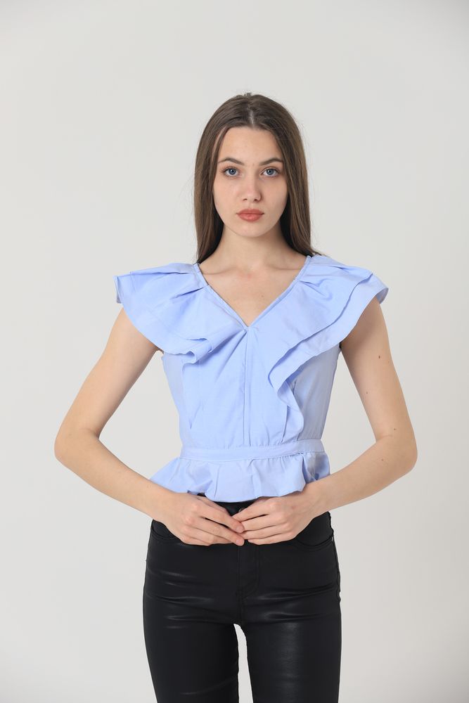 Topshow Blue V-neck Shoulder to Waist Ruffle Wholesale T-Shirt