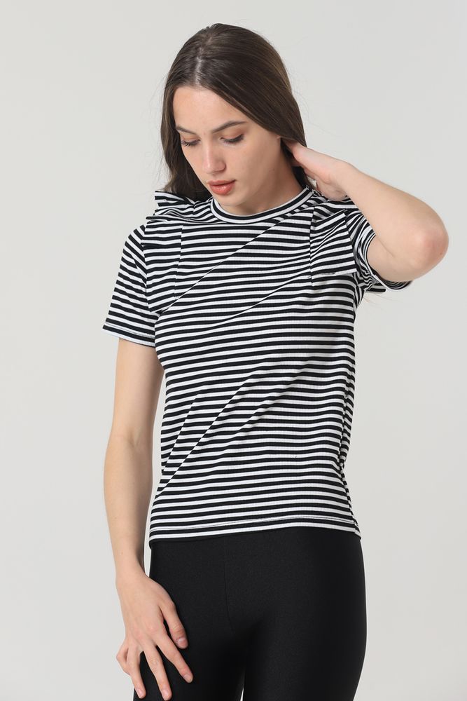 Topshow Black Cream Striped Ruffle Shoulder Striped Wholesale T-Shirt