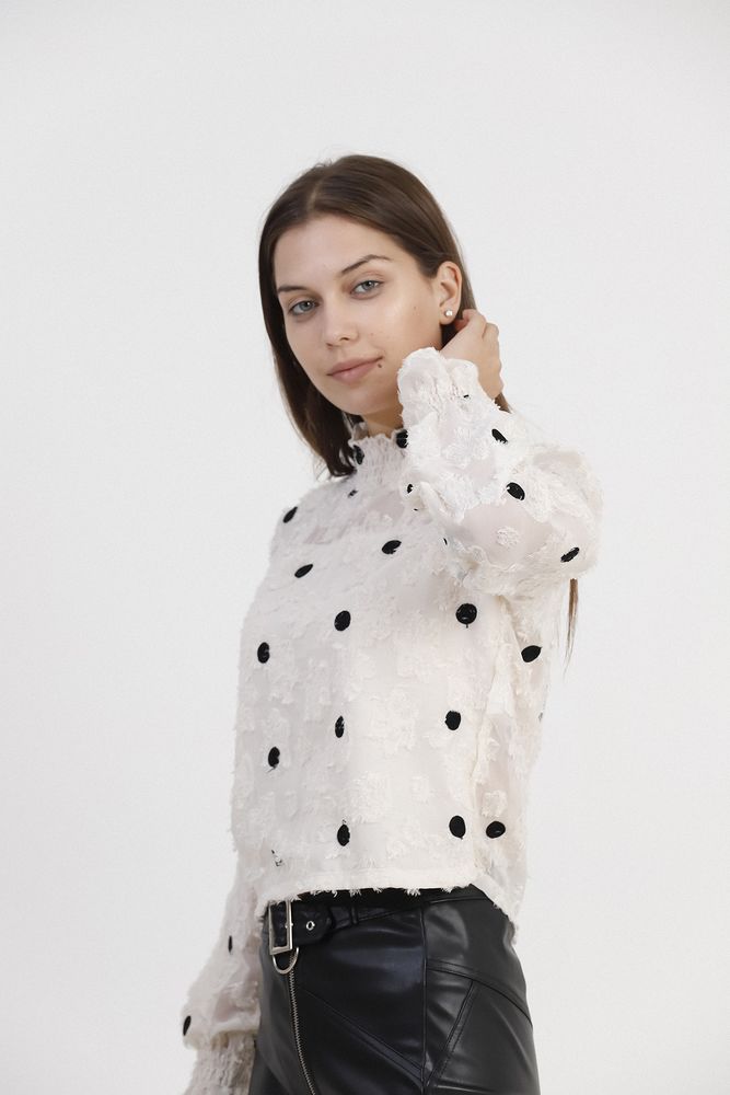 Topshow Cream Polka Dot Polka Dot Chiffon Wholesale Blouse