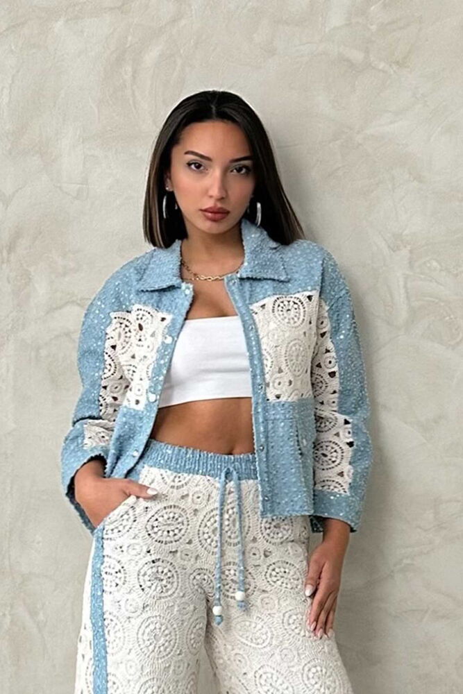 Topshow Blue Dsn1 Wholesale Denim Jacket with Lace Detail