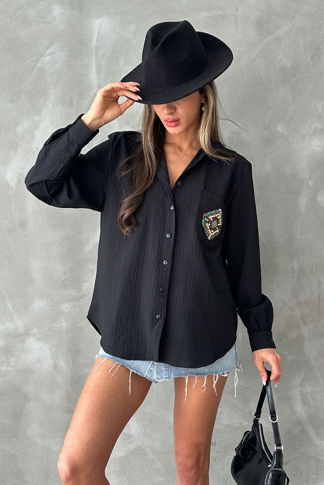 Topshow Black Lace Detailed Seersucker Wholesale Shirt