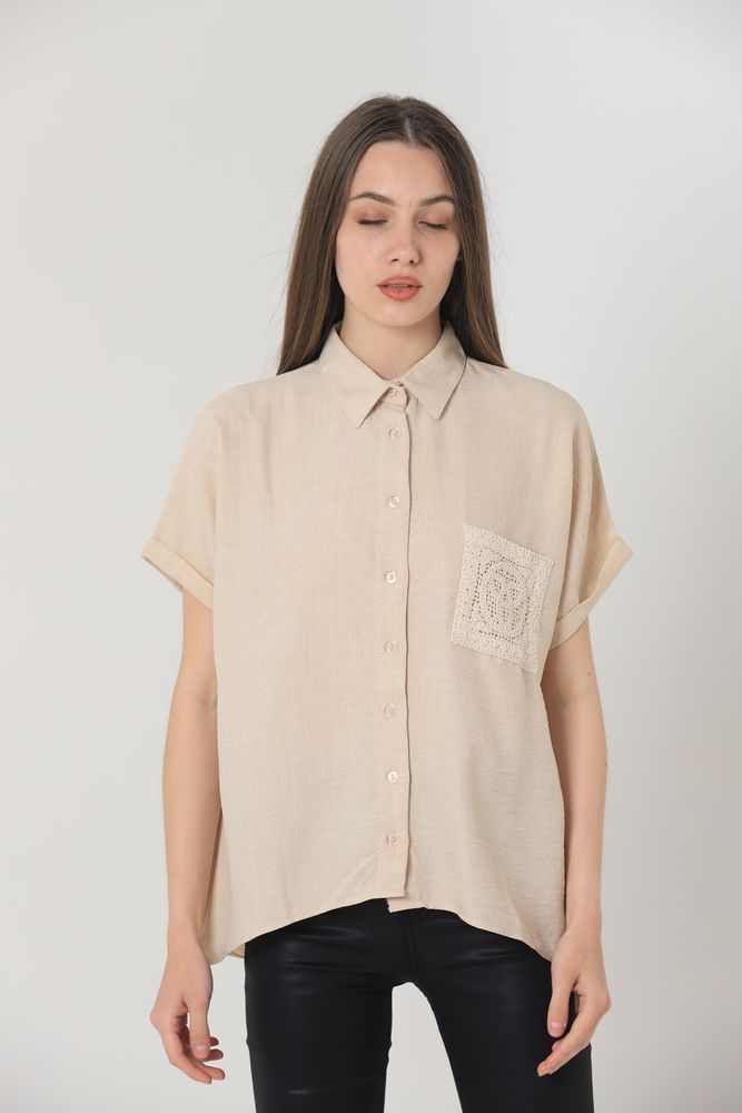 Topshow Stone Linen Applique Pocket Linen Wholesale Shirt